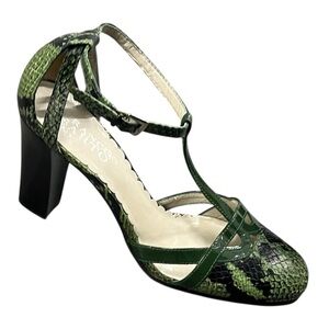 Franco Sarto high heel snake print and patent leather T-strap shoe
